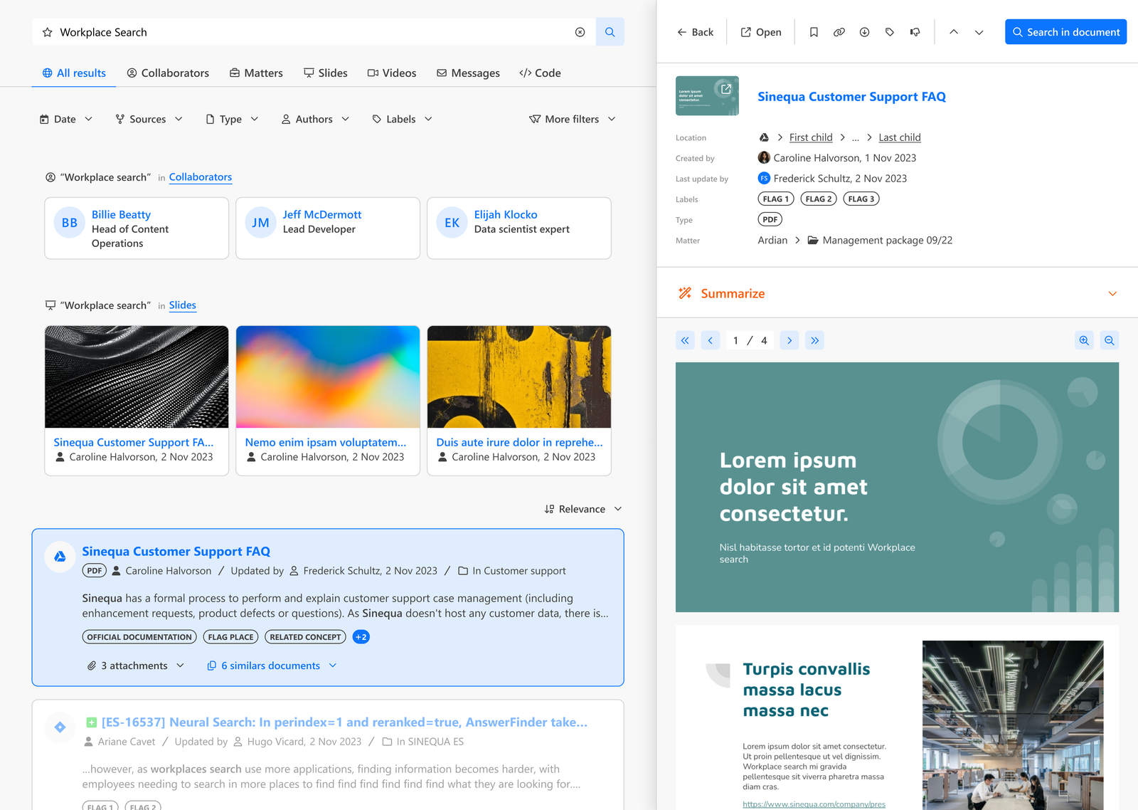 Sinequa — Vue document et analyse